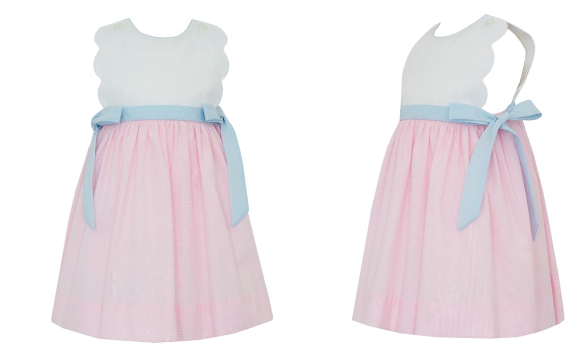 Pink Check Dress w/Blue Side Bows