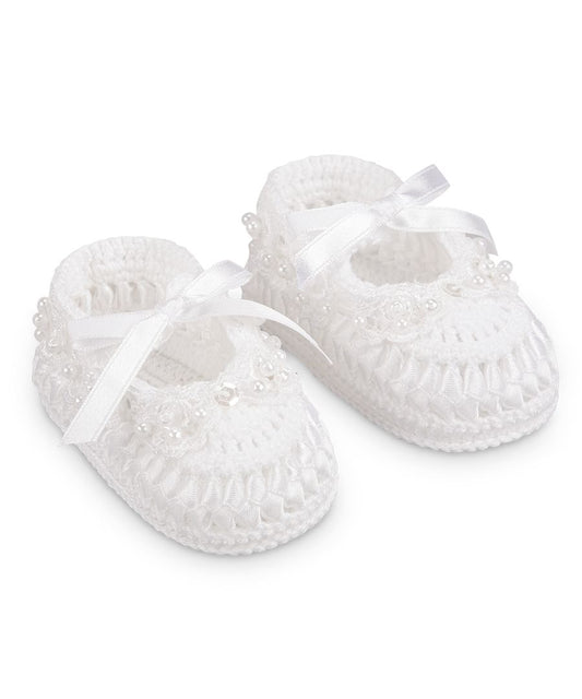 Crochet girl bootie w/pearl and flower-NB