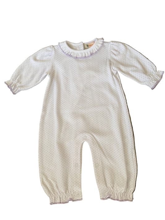 Ruffle neck romper w/ lavender dot