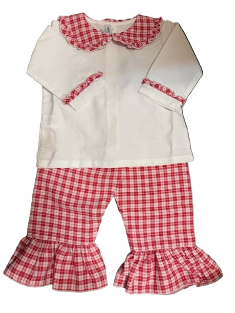 White and Red Plaid Pant Set